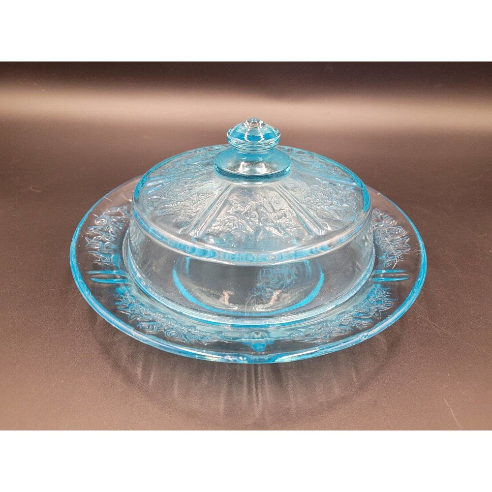 Sharon Cabbage Rose Butter Dish Aquamarine Blue Repro Depression Glass 60s 70s